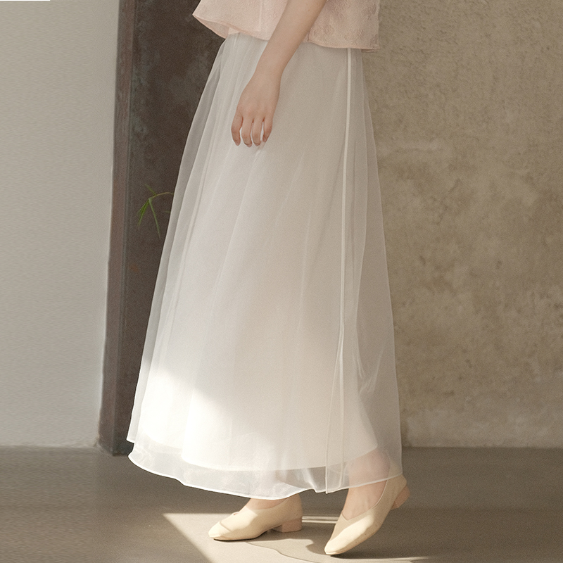 山有色夏季新款女装裙子高级感欧根纱仙女大摆白色气质百搭半身裙 - 图0