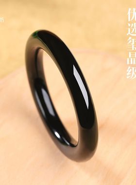 保真天然和田玉墨玉手镯女款镯子胖圆条宽超宽版福条手镯饰品礼物