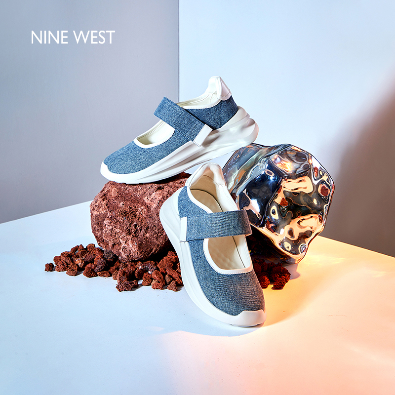 NINE WEST/玖熙春季新款冰川底一字带浅口软底魔术贴休闲运动鞋女 - 图0