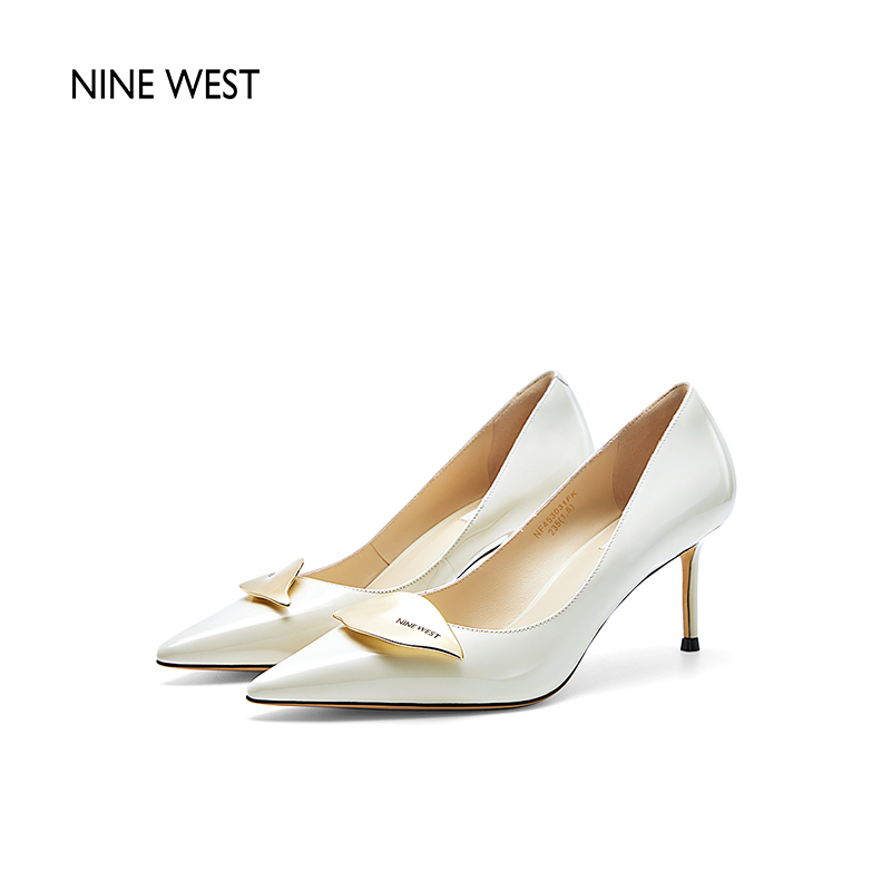 Nine West/玖熙流金之叶小猫跟单鞋女2025夏季新款浅口漆皮高跟鞋