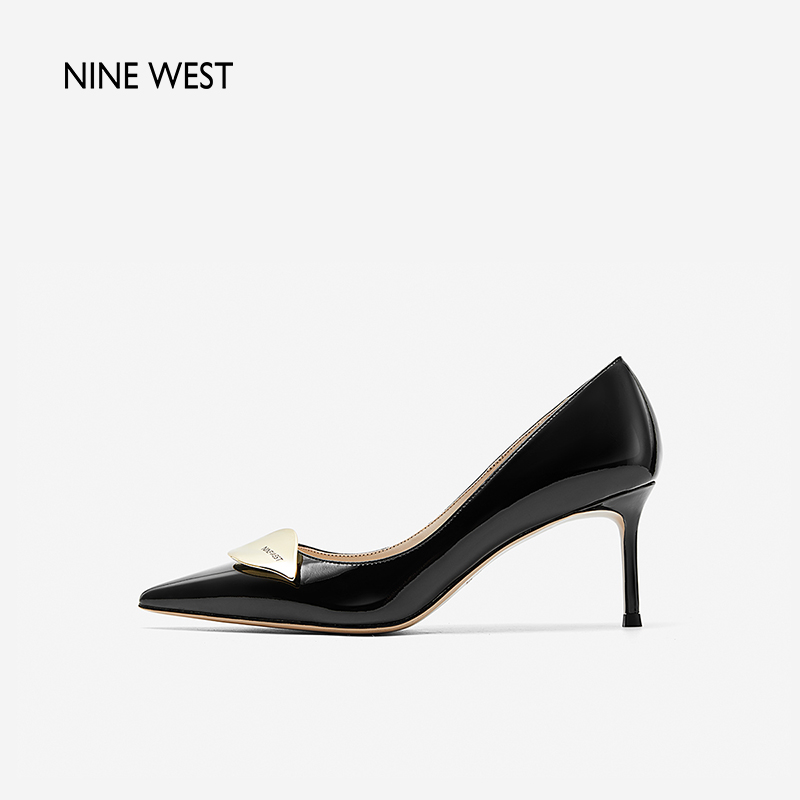 Nine West/玖熙流金之叶小猫跟单鞋女2025夏季新款浅口漆皮高跟鞋