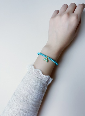 绿松石手串配S925纯银镶钻松石鱼尾原创设计款财富兴旺安乐4mm