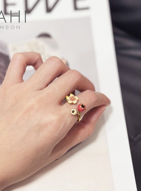 SAHI樱花戒指女镀真金轻奢小众