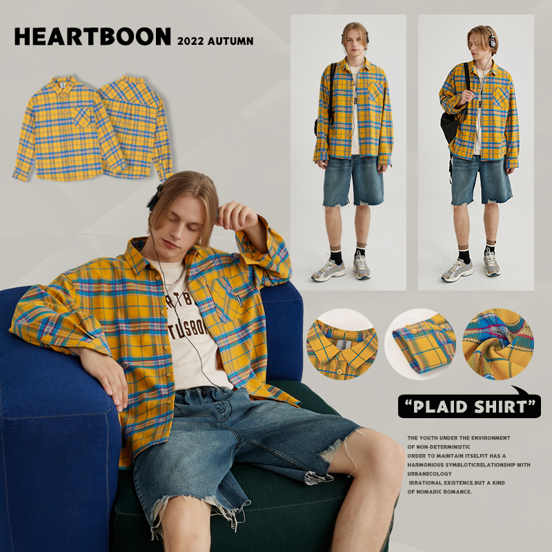 heartboon春季黄色格子长袖衬衫 heartboon衬衫