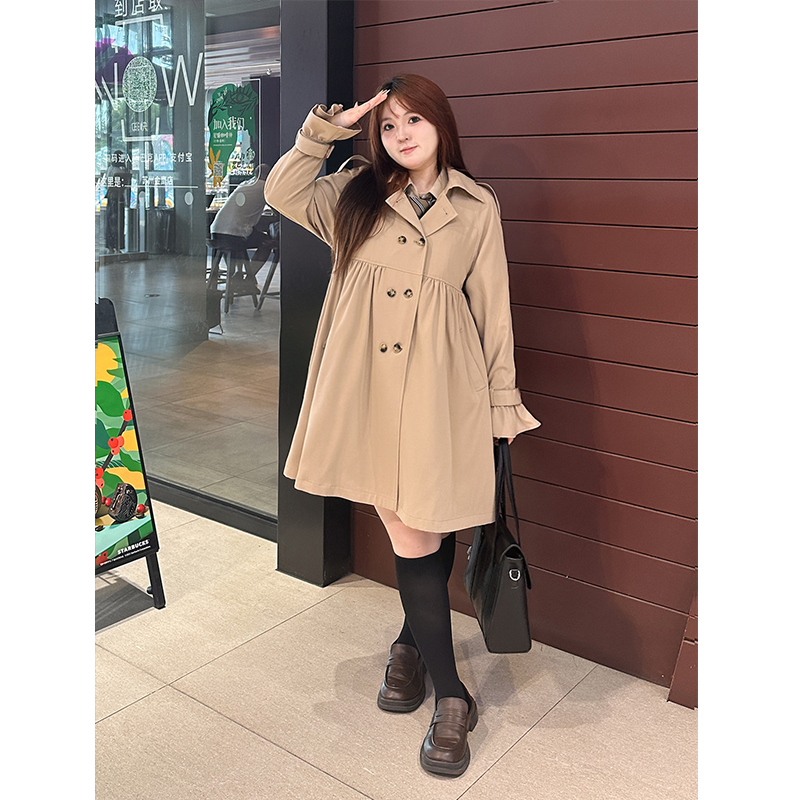 阿车家的大码JK 卡其色中长款风衣女春季新款韩版双排扣短款外套 - 图2