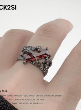 几何镂空红色开口食指环锆石时尚