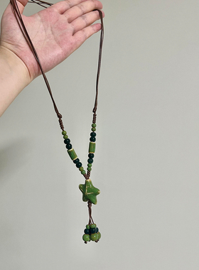 波西米亚古着森林绿星星流苏项链