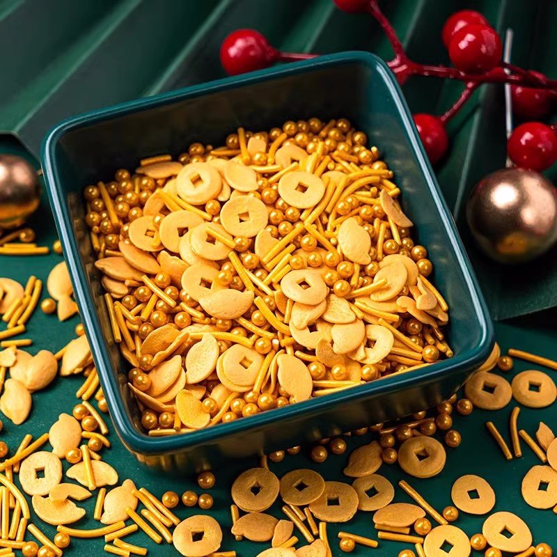 2024新年财源滚滚金色装饰糖元旦跨年蛋糕装饰点缀铜钱糖珠糖针