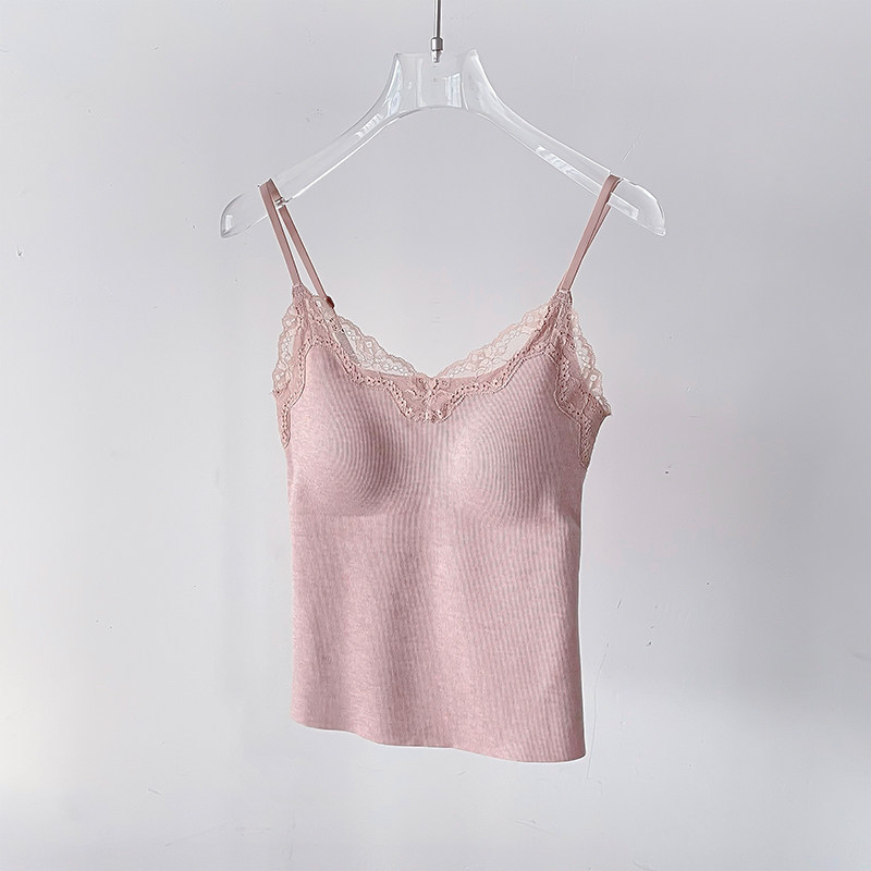 秋冬纯欲蕾丝V领保暖吊带背心女磨毛带胸垫一体式内搭打底上衣,淘宝优惠券,粉丝福利购,淘宝优惠卷