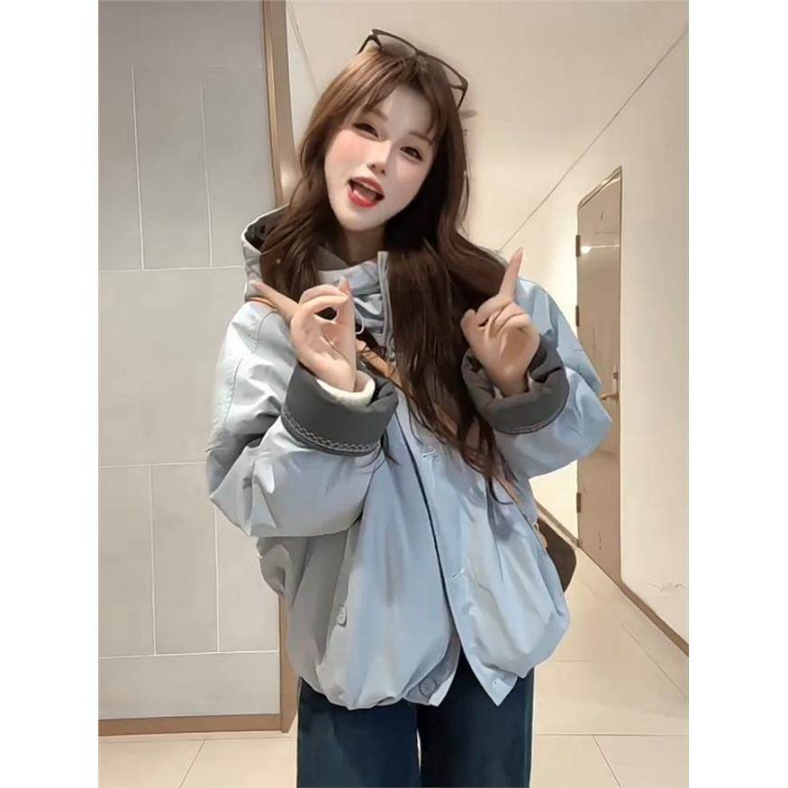 撞色连帽加绒加厚短款棉服外套女装2025秋冬新款宽松时尚休闲棉衣,淘宝优惠券,粉丝福利购,淘宝优惠卷