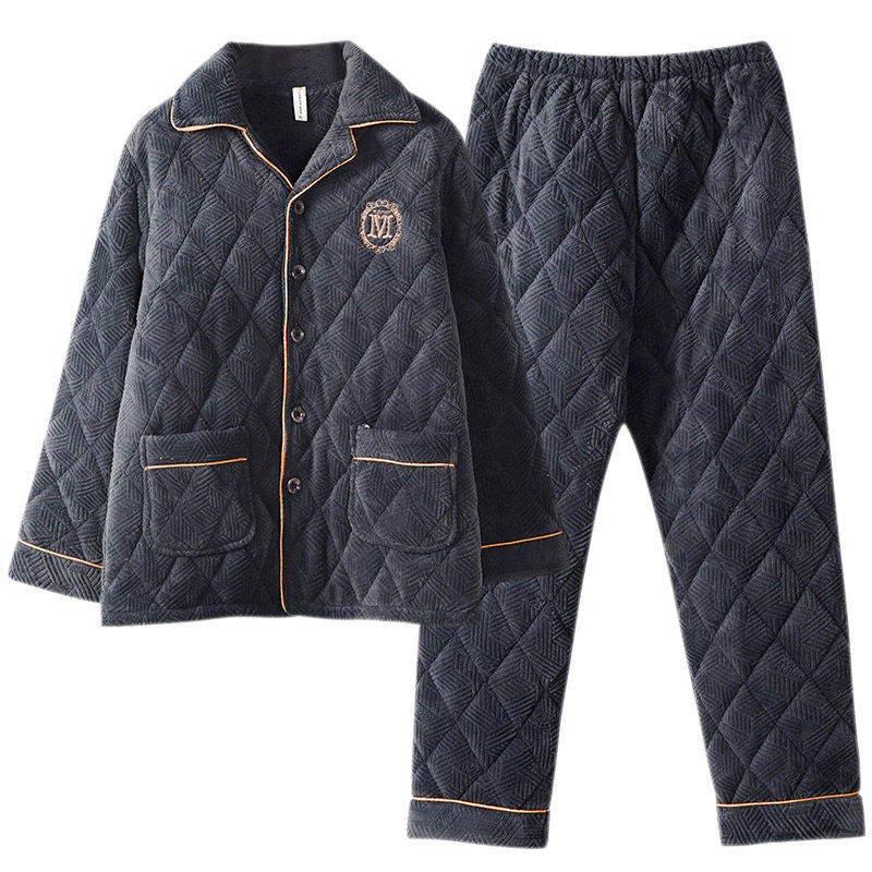 男士冬季珊瑚绒三层加绒夹棉睡衣 纤纹鸟睡衣/家居服套装