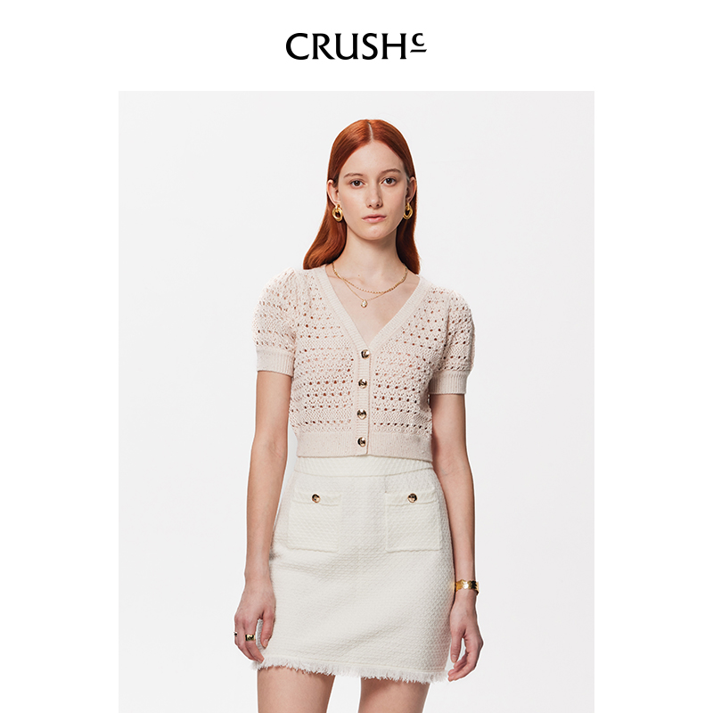 CRUSH Collection2024年早春新款时尚镂空简约针织开衫短款上衣女 - 图1