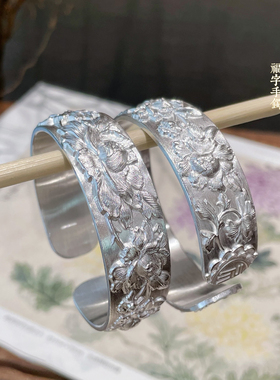 足银9999纯银手镯女宽面繁花牡丹花浮雕实心开口银镯子送女友妈妈