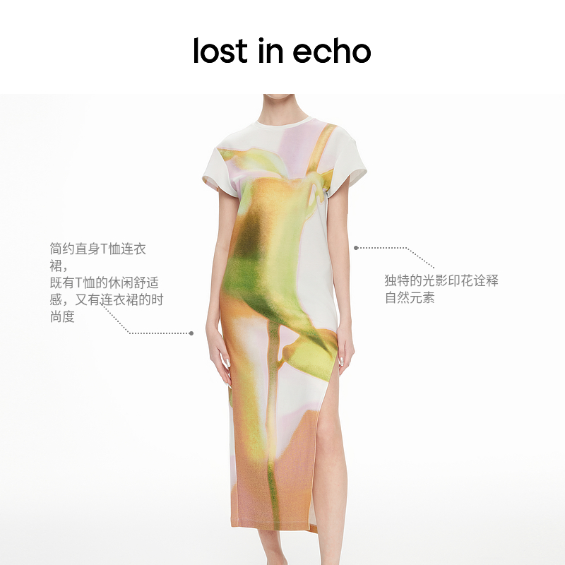 lost in echo2024春夏新品光影印花开衩宽松T恤连衣裙长裙女裙子 - 图0