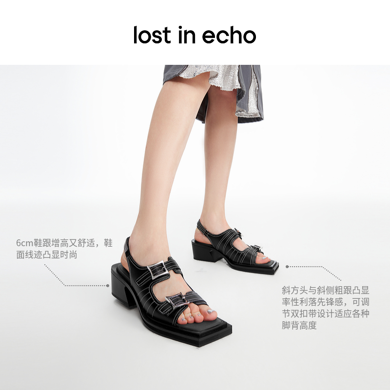 lost in echo24年春夏新品设计师品牌方头线迹双扣带斜粗跟凉鞋女 - 图1