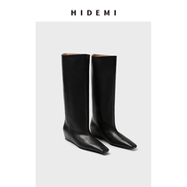 HIDEMI cow leather Classic square pointed invisible inner heightening slope heel long boot horse boot