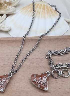 土星双瓣橙红满天星项链可分开