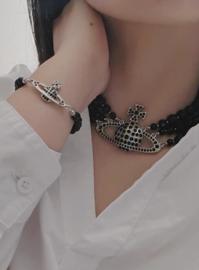 时尚大方 银边单层 三层黑珠土星项链 手链 -B8086-B8087-C8086