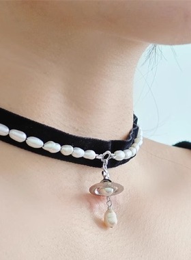 黑色珍珠项链锁骨巴洛克水滴土星