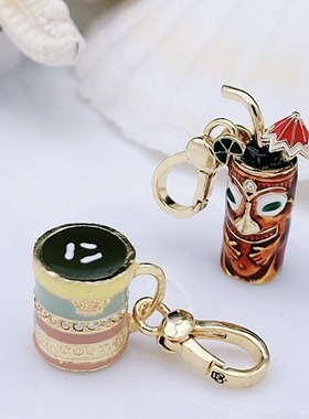 时尚可爱 条纹咖啡杯 金色脸面吸管杯 吊坠--J8064-J8108