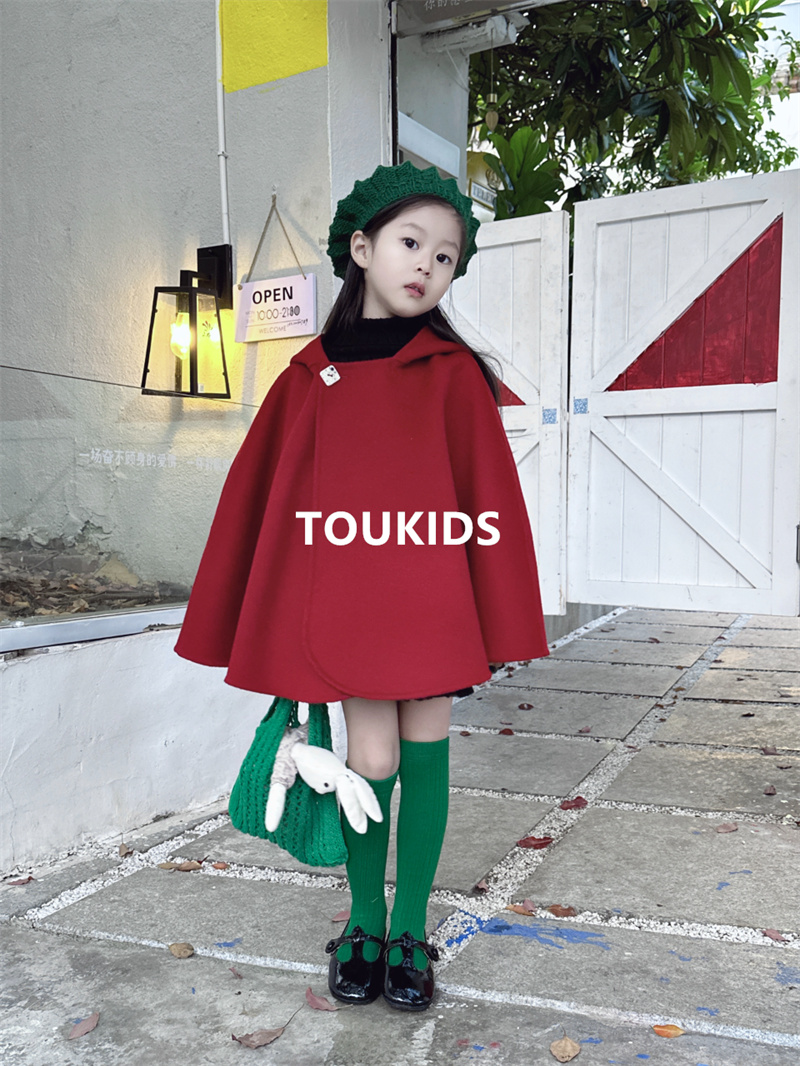 TOUKIDS女童斗篷毛呢大衣双面羊绒披肩秋冬外出红色披风拜年服