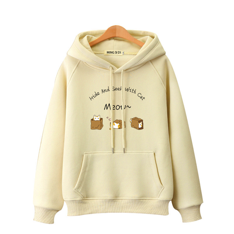 100%可爱猫咪字母加绒连帽卫衣女2025秋冬新款宽松加厚外套女 - 图3