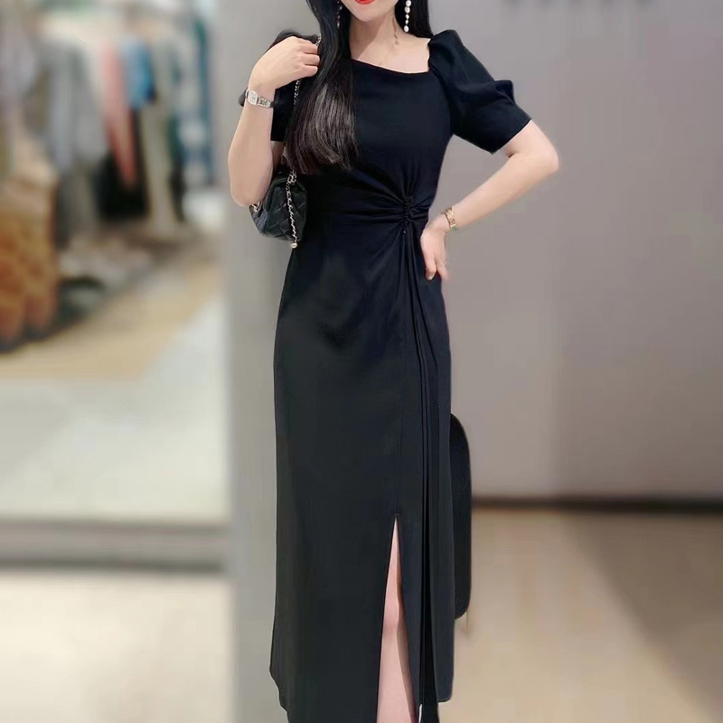 现货艾诺丝2023夏装专柜正品30429009开叉收腰气质修身黑色连衣裙