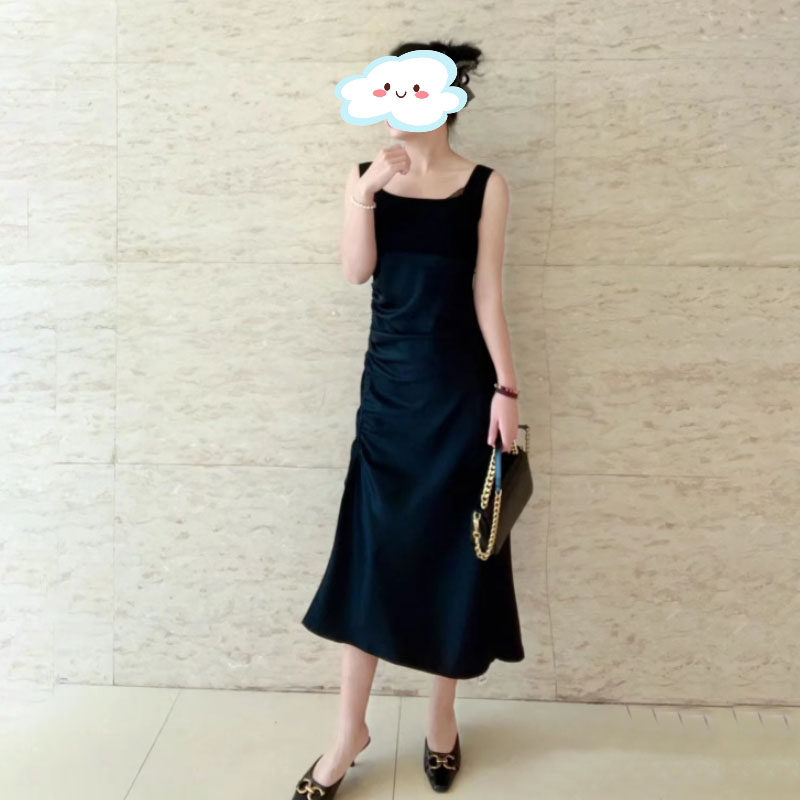 艾诺丝2023春专柜正品黑色拼接显瘦中长款开叉吊带连衣裙30329813