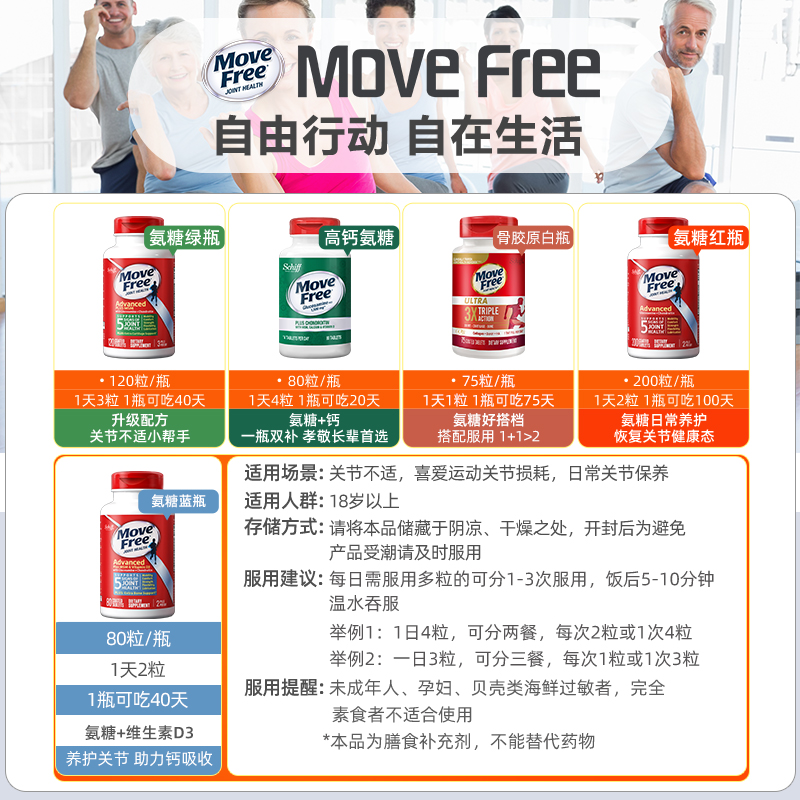 MoveFree美国进口氨糖软骨素加钙维骨力氨基葡萄糖红瓶80 绿瓶120 - 图0