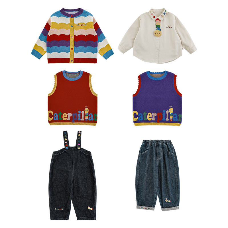 幼悠男童2024新款长袖毛衣衬衫无袖背心宽松牛仔裤彩虹系列套装潮 - 图3