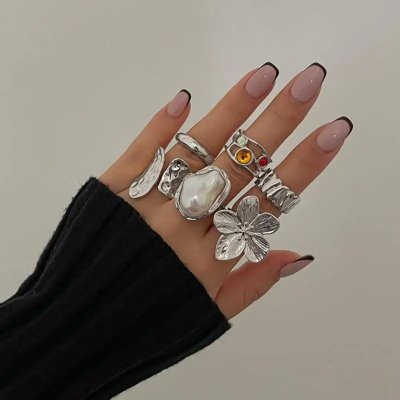 Fashion Gold Color Flower Crystal Imitation Pearl Open Ring - 图0