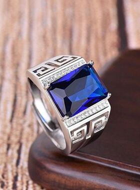 菲鸿霸气蓝玻璃戒指男电镀银长城镶嵌男士戒指开口活口戒圈男