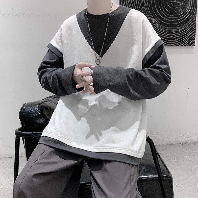 秋季假两件长袖t恤男潮ins卫衣 纯饰服饰T恤