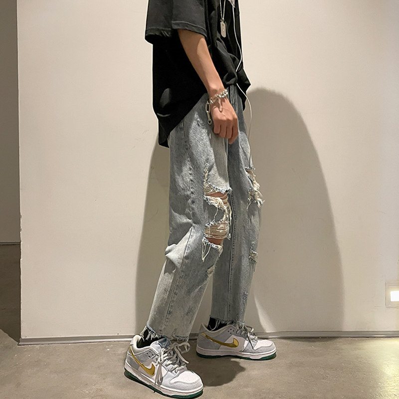 破洞男韩版潮流痞帅夏季港风牛仔裤 纯饰服饰牛仔裤