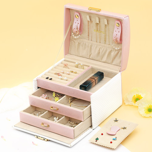 PICALS首饰盒大容量高档PU皮耳环戒指饰品收纳抽屉式带锁圣诞礼物 - 图1