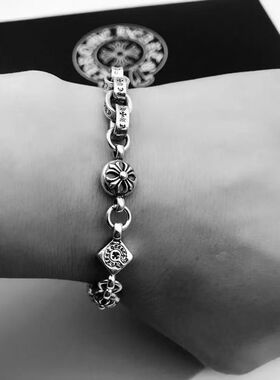 复古银个性字母手链男女款情侣复古泰银锁链十字架骰子十字链手链