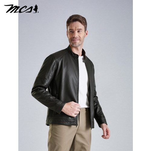 MCS源自万宝路男款做旧牛皮机车羽绒皮衣复古立领合身新款夹克男 - 图1