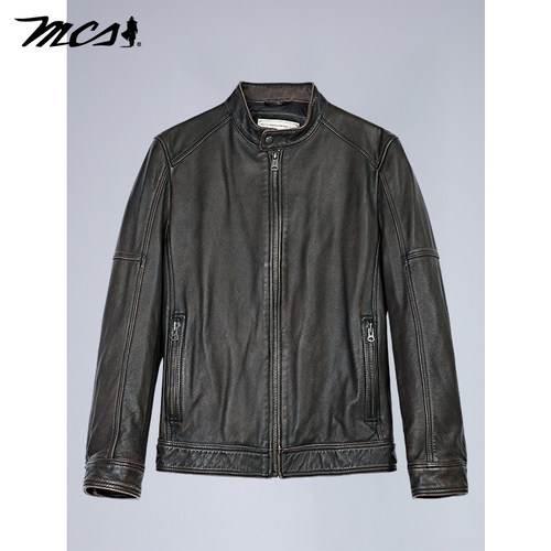 MCS源自万宝路男款做旧牛皮机车羽绒皮衣复古立领合身新款夹克男 - 图3