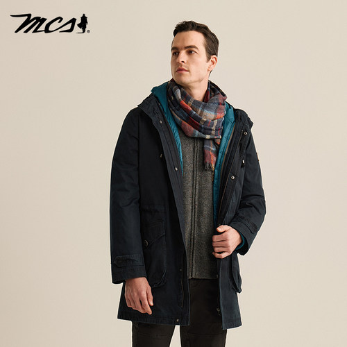 MCS男装源自万宝路秋冬季中长美式休闲可拆卸内胆连帽羽绒服外套 - 图1