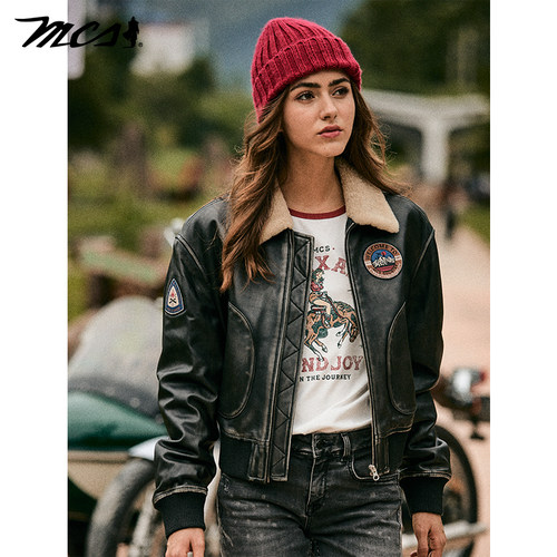 MCS源自万宝路女款飞行员羽绒皮衣绵羊皮革松身款秋冬季新品外套 - 图3