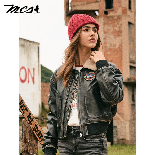 MCS源自万宝路女款飞行员羽绒皮衣绵羊皮革松身款秋冬季新品外套 - 图1