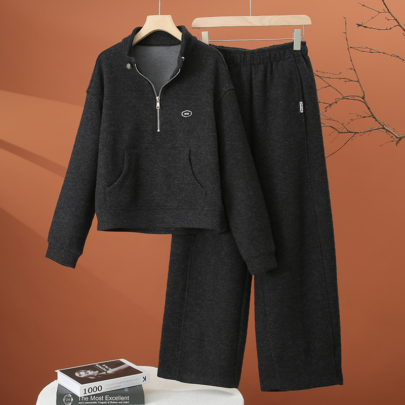 加厚休闲阔腿裤套装女秋冬2025新款时尚洋气减龄半拉链卫衣两件套 - 图1