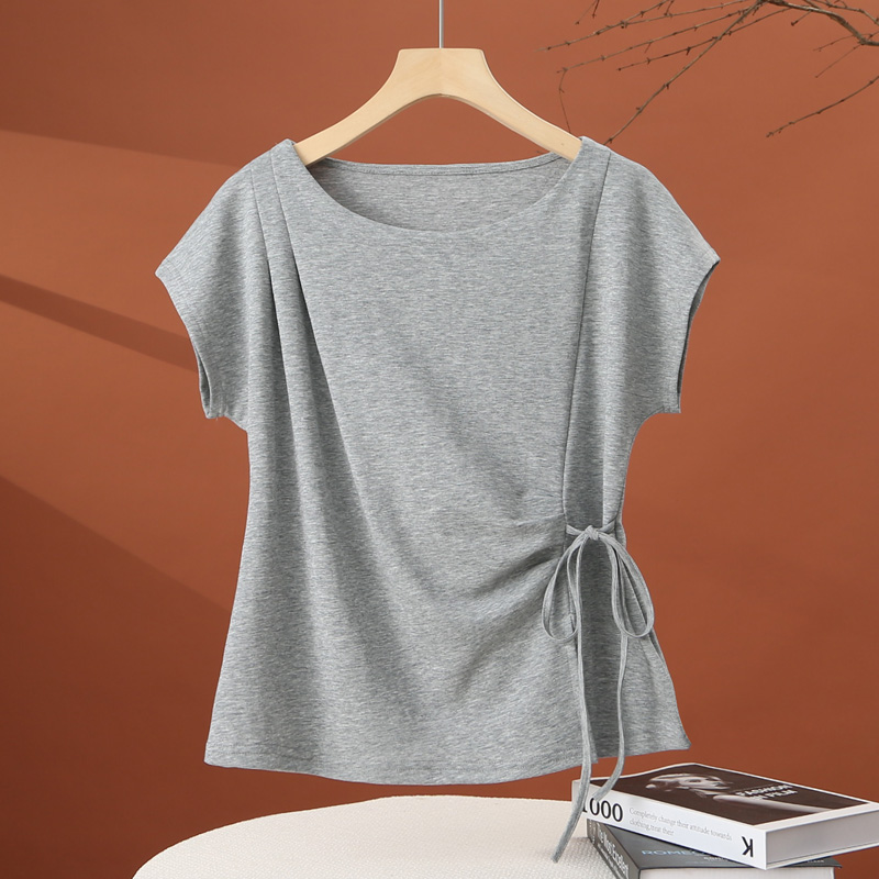 不规则白色短袖t恤女2025夏季新款抽绳收腰洋气小衫时尚女士上衣 - 图3