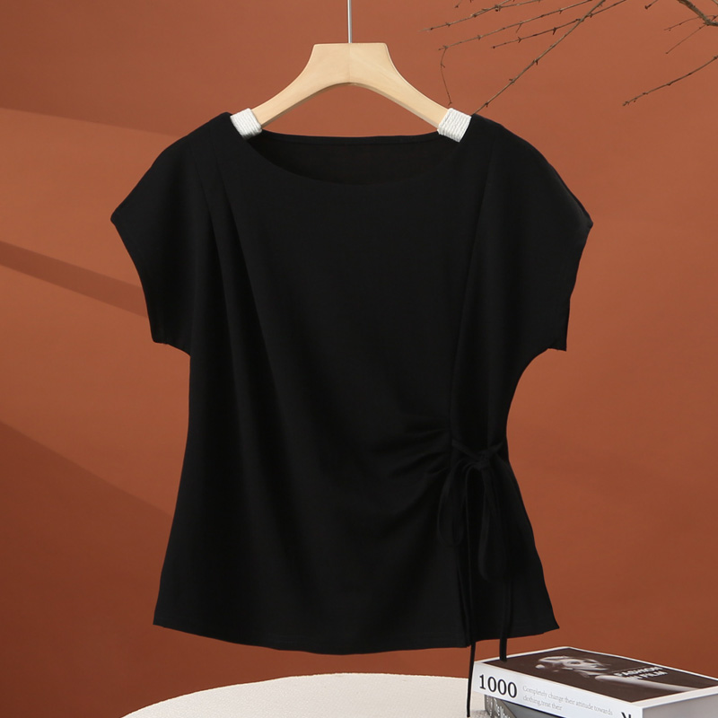 不规则白色短袖t恤女2025夏季新款抽绳收腰洋气小衫时尚女士上衣 - 图2