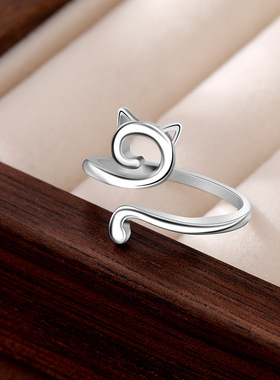 法国cherrykoko新款欧美勾线几何镂空猫咪戒指925银简约动物小猫