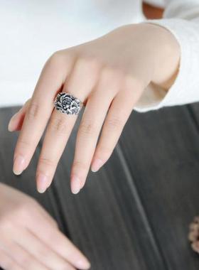 种花家无事牌复古泰银做旧开口可调节牡丹花民族风藏银戒指情侣