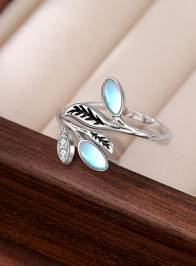 法国cherrykoko欧美新款925银树叶子指环复古小众食指戒月光石
