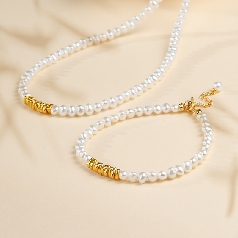 GiO珠宝淡水珍珠巴洛克黄金碎金子小米珠足金项链锁骨链女 - 图3