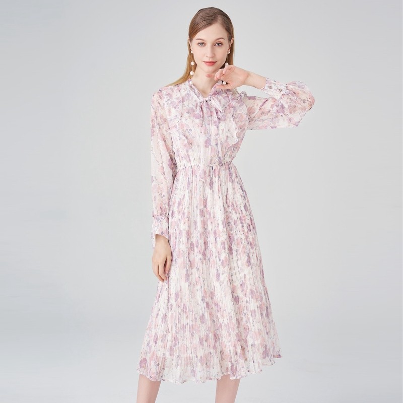马天奴春秋新款女桃里粉色印花连衣裙子飘带领百褶雪纺裙时尚气质,淘宝优惠券,粉丝福利购,淘宝优惠卷
