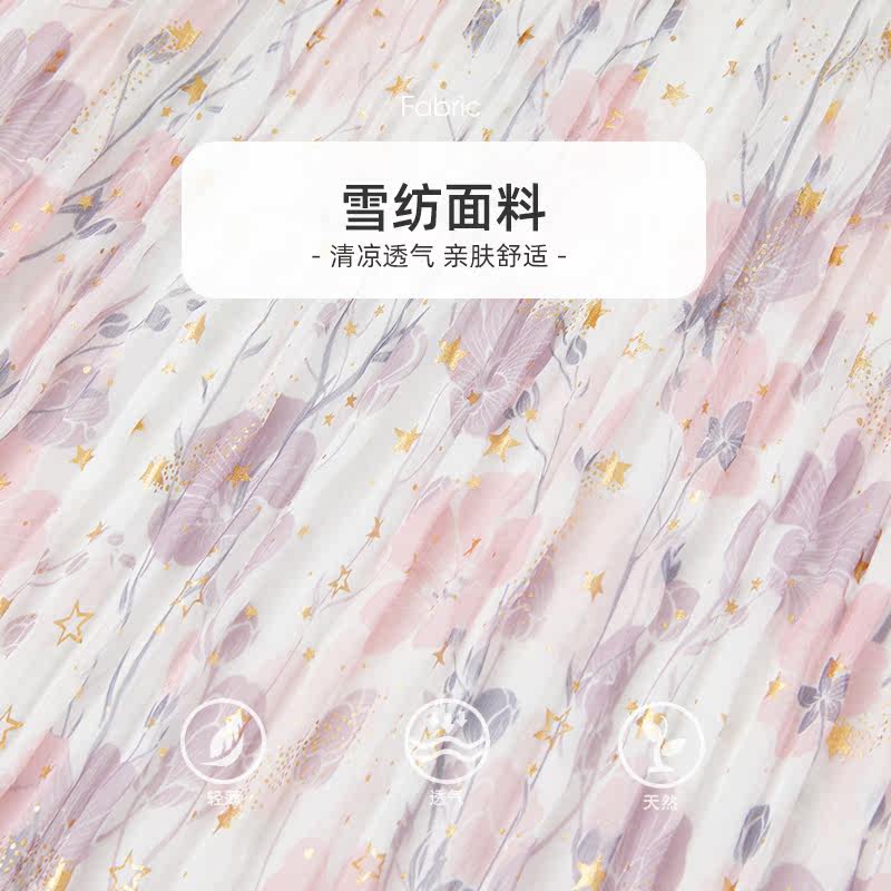 马天奴春秋新款女桃里粉色印花连衣裙子飘带领百褶雪纺裙时尚气质,淘宝优惠券,粉丝福利购,淘宝优惠卷